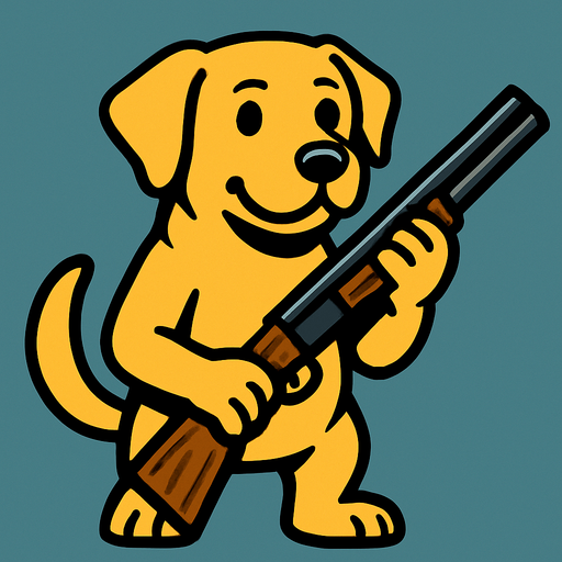 labrador dog hold a hunt gun.
In-Game asset.  2d.  High contrast.  No shadows