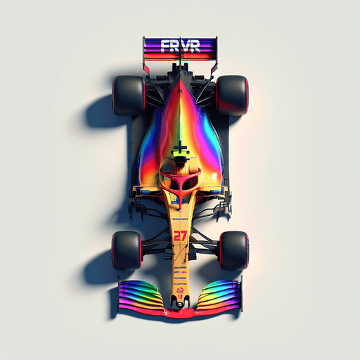 Full-length F1 race car. rainbow coloured Gradient on body. "FRVR" sponsor. Top view..
Single Game Texture. In-Game asset. 2d. Blank background. High contrast. No shadows.