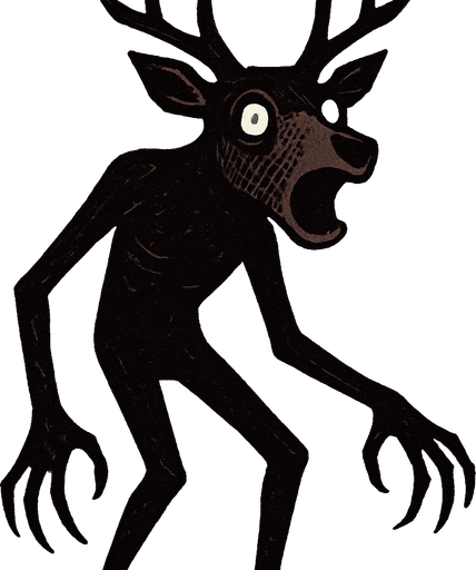 Cabeza de Ciervo: La figura posee una cabeza detallada de ciervo, con astas ramificadas de color oscuro (posiblemente negro o marrón oscuro). Tiene orejas puntiagudas y un hocico prominente de un tono más claro que el resto del cuerpo. Los ojos son grandes, completamente blancos con pupilas negras pequeñas y redondas, lo que le confiere una mirada vacía y sorprendente. La boca está abierta en una expresión que podría interpretarse como un grito o una mueca.

Cuerpo Humanoide: El cuerpo es de forma vagamente humana, con dos brazos largos y delgados que terminan en manos con lo que parecen ser garras o dedos muy alargados. Las piernas son también delgadas y la postura sugiere que está de pie. El color del cuerpo es principalmente marrón oscuro o morado oscuro..
In-Game asset.  2d.  High contrast.  No shadows