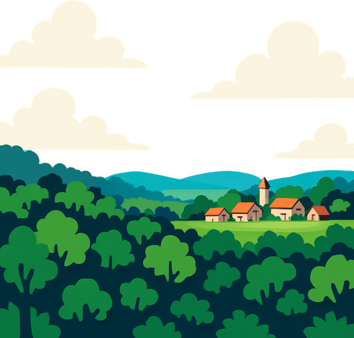 langit biru cerah, daerah hutan luas, di kejauhan ada pedesaaan sederhana. suasana pagi hari langit biru.
In-Game asset.  2d.  High contrast.  No shadows