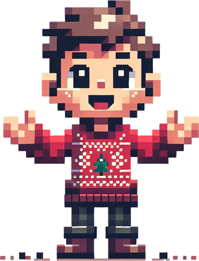 excited kid seen from the front, holding both of his hands extended upwards expecting to catch.looking upward. dressed for Christmas. Single Game Texture. In-Game asset. 2d. Blank background. High contrast. No shadows. pixelated. 8 bit