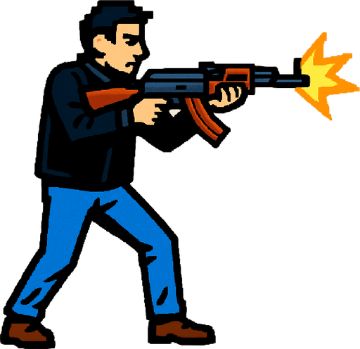 un hombre usando una chaqueta negra pantalones azules disparando un ak47.
In-Game asset.  2d.  High contrast.  No shadows con la perspectiva lateral de cuerpo completo
