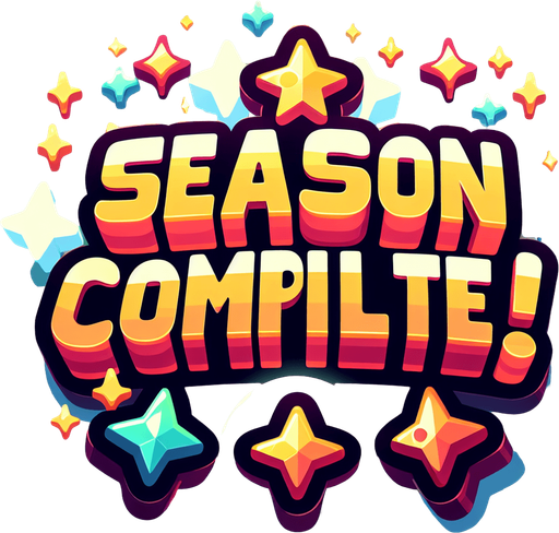 Create a SVG text design in bold cartoon style: "SEASON COMPLETE!" in chunky rounded letters with stars around it .
Single Game Texture. In-Game asset. 2d. Blank background. High contrast. No shadows.