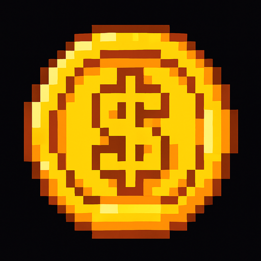 pixel bir coin, üstünde dolar($) işareti var.
In-Game asset.  2d.  High contrast.  No shadows