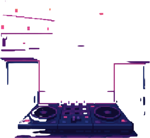 A cozy pixel art bar interior viewed from the DJ's perspective. A dimly lit, moody atmosphere with purple and deep blue neon tones. Visible DJ desk with mixer and speakers in the foreground, blurred bar counter and patrons in the background. Small glowing lights, bottles on shelves, soft lighting, and retro vibes. Resolution: 2048x2732. No characters in front, focus on ambiance and depth..
In-Game asset.  2d.  High contrast.  No shadows