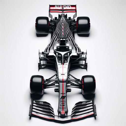 F1 race car. Top view. Grey body with THICK diagonal black stripes. Shiny-red wings with white AUDID text.
Single Game Texture. In-Game asset. 2d. Blank background. High contrast. No shadows.