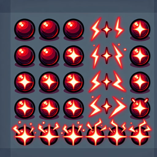A sprite sheet of glowing red orbs for charging a laser.
Single Game Texture. In-Game asset. 2d. Blank background. High contrast. No shadows.