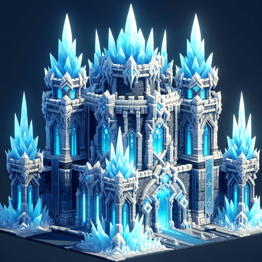 A super awesome turret tower built of ice blocks. Front view perspective. Single Game Texture. In-Game asset. 2d. Blank background. High contrast. No shadows.