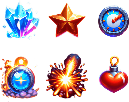 A set of vibrant, game-ready power-up icons designed for a fast-paced slicing game. The icons should have a glossy, high-quality 3D look with a slight glow effect. Each power-up represents a unique ability: a time freeze (ice crystal), a double points booster (golden star), a slow-motion effect (blue clock with a motion blur), an explosion (fiery bomb), and an extra life (red heart). The icons should be visually distinct and optimized for mobile gaming, rendered in 256x256 resolution with a transparent background.".
Single Game Texture.  In-Game asset.  2d.  Blank background.  High contrast.  No shadows