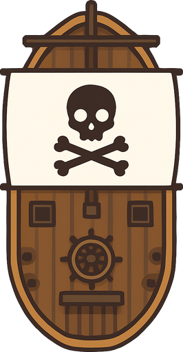 2D vector illustration of a pirate ship from top view perspective, minimalistic flat design, clean lines, no background (transparent), realistic ship shape, visible deck, helm, and other top-side details, symmetrical composition.. In-Game asset..
In-Game asset.  2d.  High contrast.  No shadows