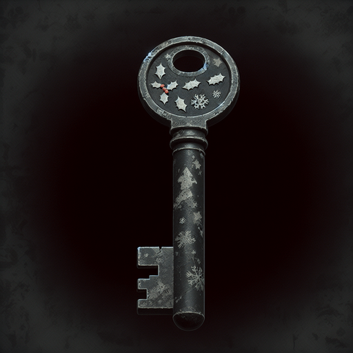 a simple dirty, dark and eerie Christmas bathroom key.
Single Game Texture. In-Game asset. 2d. Blank background. High contrast. No shadows.