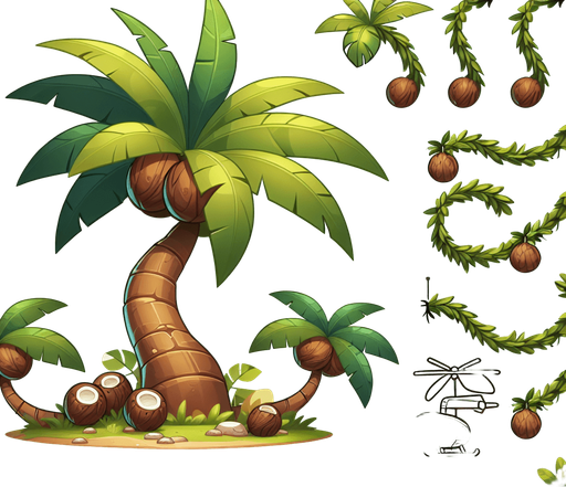 Design a cartoon-style palm tree or jungle vine obstacle for a helicopter game. The palm should have a curved trunk, big floppy leaves, and maybe coconuts. The vines can hang or swing. Make it playful and jungle-themed.