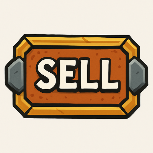 ortaçağ temalı buton üstünde SELL yazıyor.
In-Game asset.  2d.  High contrast.  No shadows
