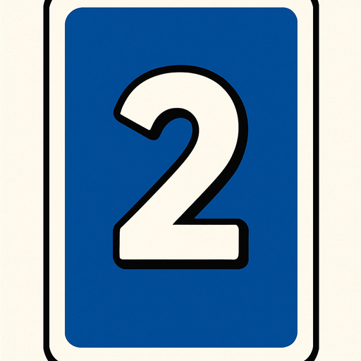 Rectangular card numbered 2, with a white border around it and a blue background..
In-Game asset.  2d.  High contrast.  No shadows