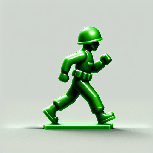 Profil view of a little green soldier toy, walking. no background . no floor. In-Game asset. 2d. Blank background. High contrast. No shadows.