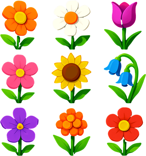 Pack of different flowers.
In-Game asset.  High contrast.  No shadows. 3D