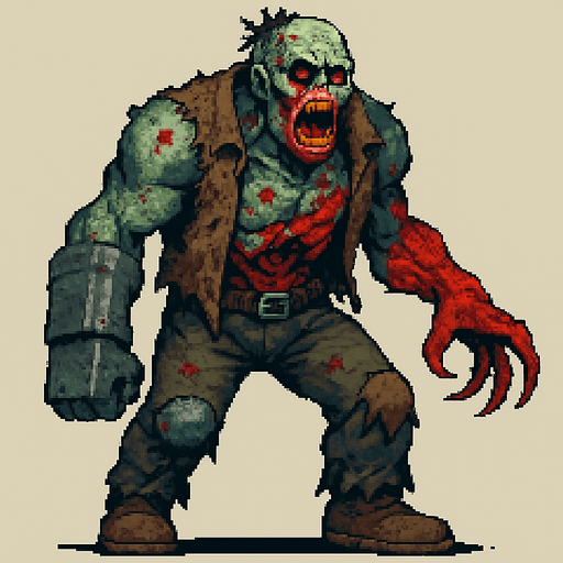Post Apocalyptic boss zombie pixel art less pixel.
In-Game asset.  2d.  High contrast.  No shadows