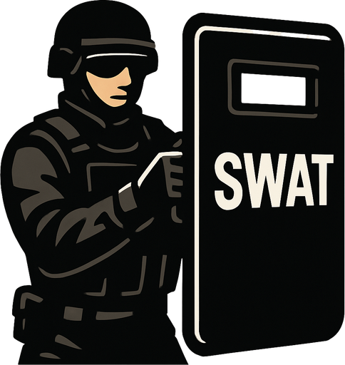 holding shield swat.
In-Game asset.  2d.  High contrast.  No shadows. panaromic