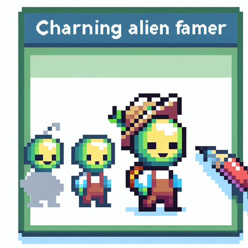 pixel art of a cute alien farmer, side view.
Game asset. 2d. Blank background. High contrast. No shadows.