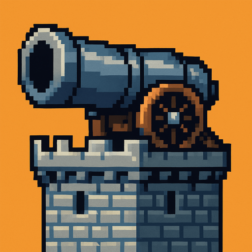 castle gun, siege gun, pixel art.
In-Game asset.  2d.  High contrast.  No shadows