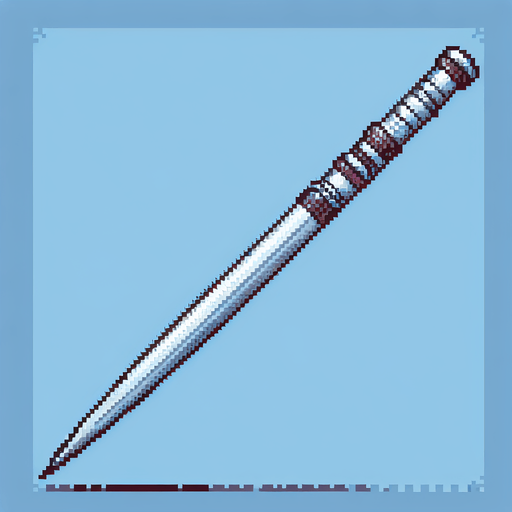 pixelart. a javelin used for olympic games and athletics. Just the spear itself, horizontally laid out in the image. It should be a slim metal spear, pointy in both ends, and with a grip somewhere off center of the shaft..
Single Game Texture. In-Game asset. 2d. Blank background. High contrast. No shadows.