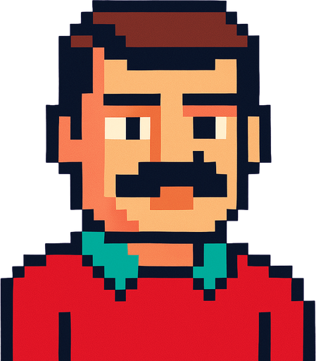 A man with a mustache. In the style of Pixek Art..
In-Game asset.  2d.  High contrast.  No shadows