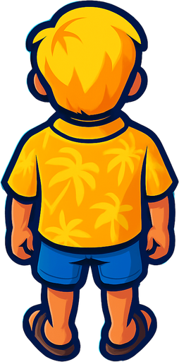 A young boy with a yellow Hawaiian style shirt and sandals. No hat. Blonde hair.