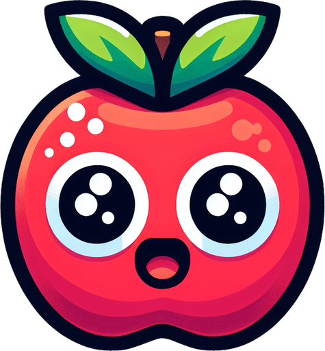 Apple with eye and mouth animation..
Single Game Texture.  In-Game asset.  2d.  Blank background.  High contrast.  No shadows