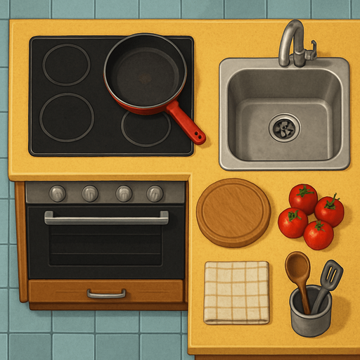 Mutfak - üstten görünüm - gerçekçi - yazısız.
In-Game asset.  2d.  High contrast.  No shadows