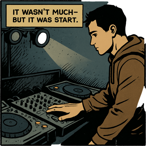 A comic panel styled like a square photo print with a clean white border. Realistic comic art. Scene: A dusty DJ booth, some lights flickering, the equipment old but intact. Noah places his hand on the mixer with a hint of reverence. Narrator box at the top reads: “It wasn’t much — but it was a start.”.
In-Game asset.  2d.  High contrast.  No shadows