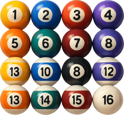 16 ball of billiard, 3D colors, 3d texture, HD colors.
In-Game asset.  High contrast.  No shadows. 3D