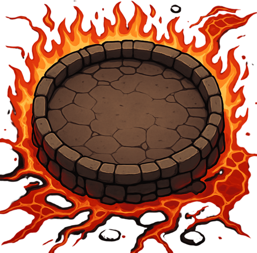 bird's eye view of a round rocky arena surrounded by flames decorated with red lava.
In-Game asset.  2d.  High contrast.  No shadows
