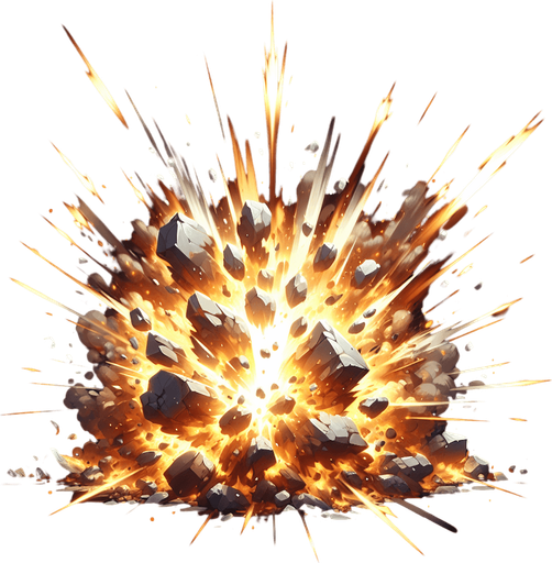 Rocks explosion, lights, sharp pieces, blur, HD images, fire..
Single Game Texture. In-Game asset. 2d. Blank background. High contrast. No shadows.