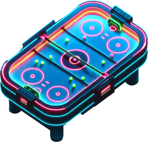 air hockey table with neon lights. top view.
Single Game Texture. In-Game asset. 2d. Blank background. High contrast. No shadows.