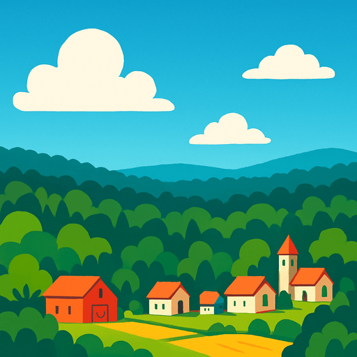 langit biru cerah, daerah hutan luas, di kejauhan ada pedesaaan sederhana. suasana pagi hari langit biru.
In-Game asset.  2d.  High contrast.  No shadows