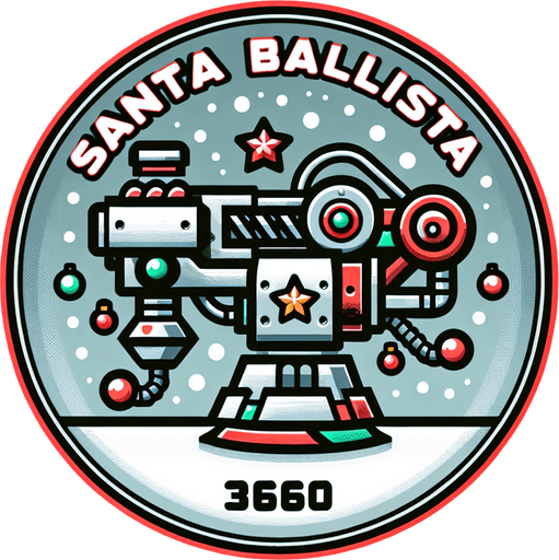 Icon for a mechanical arm, on a circle, with the text „Santa Ballista 360“ at top, cartoon, christmas style Single Game Texture. In-Game asset. 2d. Blank background. High contrast. No shadows.