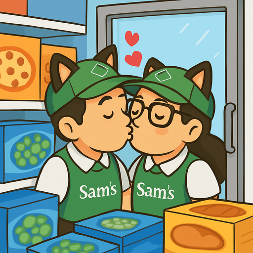Has que estos dos personajes se esten besando en un congelador de sams club, escondidos entre los productos. agrega corazoncitos y evita el tono sepia, debe ser alegre