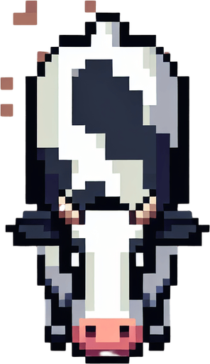 top down view of a pixel art cow.
Single Game Texture.  In-Game asset.  2d.  Blank background.  High contrast.  No shadows