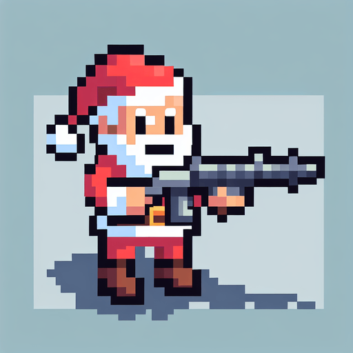 a top view of a 16 bit sprite santa with a bazooka Single Game Texture. In-Game asset. 2d. Blank background. High contrast. No shadows.