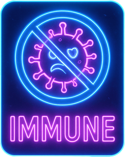 neon cyberpunk glowing IMMUNE button blue pink futuristic videogame hologram a crossed circle with cartoon microbe