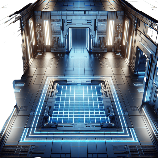 A high-tech command center with a glowing grid floor and sleek metallic walls. The room is viewed from directly above and has open entrances centered in the middle of each wall (top, bottom, left, and right) for easy transitions. Neon lights and holographic screens line the walls, casting a blue glow..
Full-frame, top-down view of a futuristic command center. Glowing grid floor, metallic walls, neon lights. Open entrances centered on each wall: top, bottom, left, and right. Blue glow, no perspective distortion.