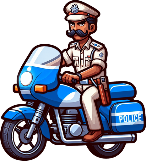 Inspector chingam on police bike with police dress.
Single Game Texture.  In-Game asset.  2d.  Blank background.  High contrast.  No shadows