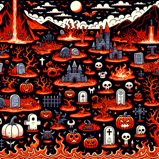 Generate a high quality cartoon background Halloween image on a black canvas similar to the format of where is waldo with a hellish environment.
Single Game Texture. In-Game asset. 2d. Blank background. High contrast. No shadows.