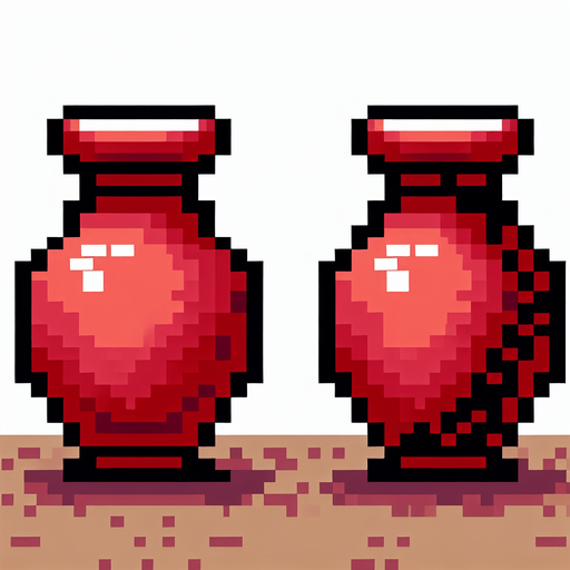A thin red earthen jar. 8 bit Pixel art..
Single Game Texture.  In-Game asset.  2d.  Blank background.  High contrast.  No shadows