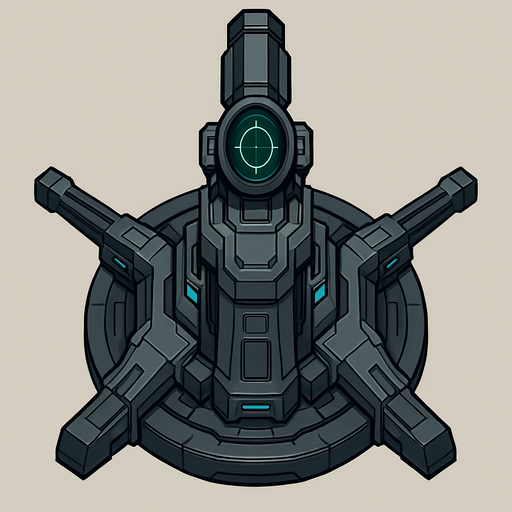 top-down view, futuristic sniper defense tower, mechanical turret base, integrated long-range scope with green targeting reticle, high-tech cyberpunk machine parts, sleek tower design, circular top down, symmetrical.
In-Game asset.  2d.  High contrast.  No shadows