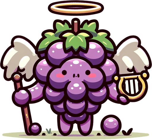 video game cute divine grape bunch Pokémon with an angelic halo above its head and a harp beside it, oversized head occupying most of its body, standing on two tiny chubby feet at the bottom, tiny adorable creature with a cute angry expression, looking straight ahead, facing the camera directly. 2D flat vector illustration.
Single Game Texture. In-Game asset. 2d. Blank background. High contrast. No shadows.