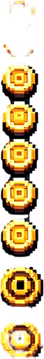 Create a sprite sheet featuring various components of a gold coin, incorporating dungeon design elements. The design should include top-down views of gold coin. Each part should be distinct, with a cohesive color scheme of metal, gold and black, accented by glowing lights for a fantasy look. The style should be detailed pixel art, reminiscent of classic 32-bit era video games, with glowing lights serving as style guides. Arrange the components on a dark background, with each part neatly aligned in rows and columns for easy identification and use in game development..
Single Game Texture. In-Game asset. 2d. Blank background. High contrast. No shadows.