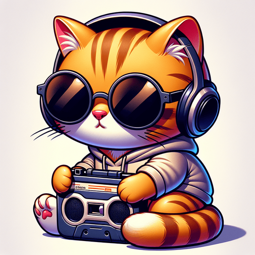 The character in the image transforms into a music-loving cat, retaining its cartoon-style appearance as an orange tabby with distinctive stripes. This cat's round face is now partially obscured by a large set of headphones, resting snugly over its big black eyes, which peek out just below oversized, round, dark opaque sunglasses. The headphones connect to a classic walkman, cradled in its paw, showcasing the cat's love for retro music vibes. Despite its prominent, exaggerated red pout shaped like a duck's bill, the cat seems even more relaxed and content as it loses itself in the melodies. Its body, smaller in proportion to its head, accentuates its adorable, chubby look, further emphasized by its simple, light-colored hoodie with a drawstring. Sitting with paws in front and a walkman in hand, the cat's relaxed posture now takes on a rhythm of its own, embodying the blissful escapism found in music. This updated portrayal, merging playful charm with a passion for tunes, perfectly suits a mascot for music education apps or as a delightful character in children's stories about the joy and universal language of music..
Single Game Texture. In-Game asset. 2d. Blank background. High contrast. No shadows.