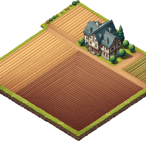 A straight top down perspective illustration of a large empty field with fertile, plowed but unplanted brown soil.There should be a farmhouse near the top..
Single Game Texture. In-Game asset. 2d. Blank background. High contrast. No shadows.