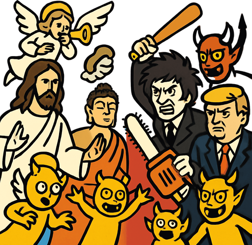 cristo, buddha y angeles vs milei con motosierra, trump con bate de basebol, devil, demons y yellow demons.
In-Game asset.  2d.  High contrast.  No shadows